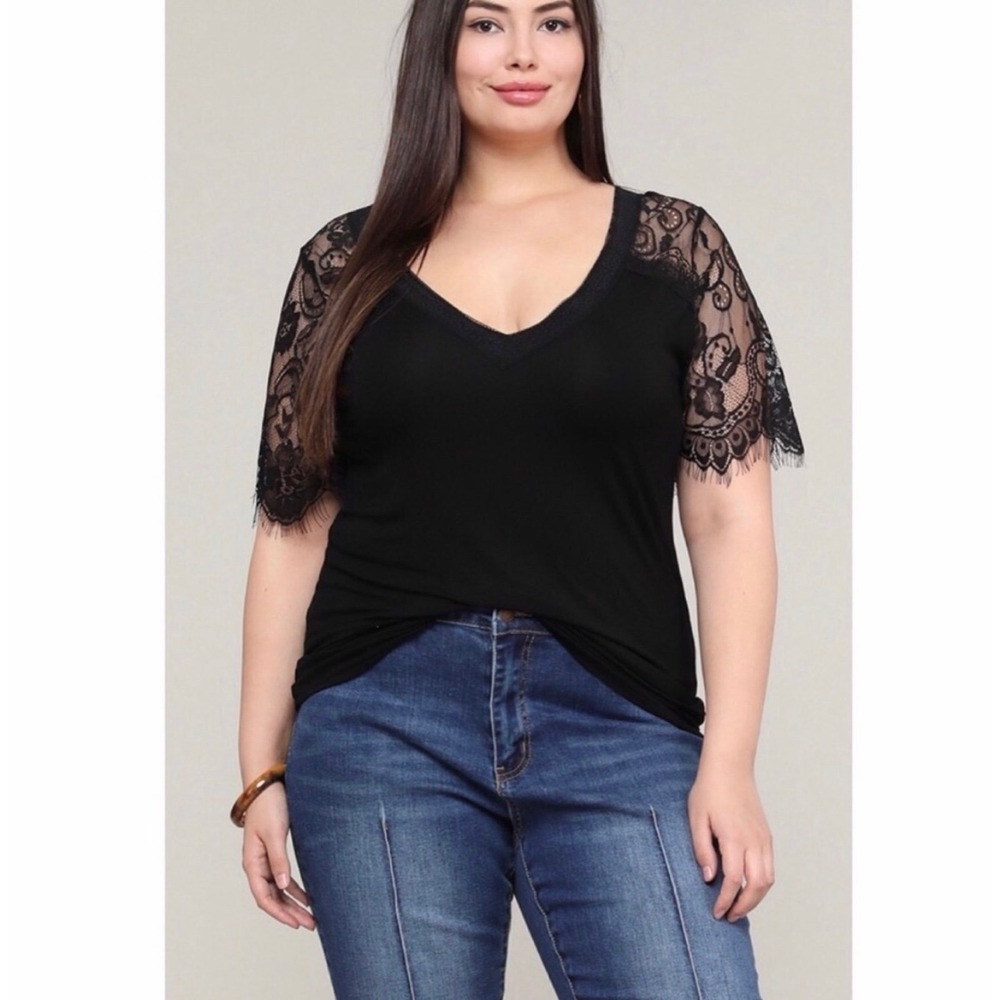 POL Lace Scallop Raglan T-Shirt Top Women Black 3XL $58